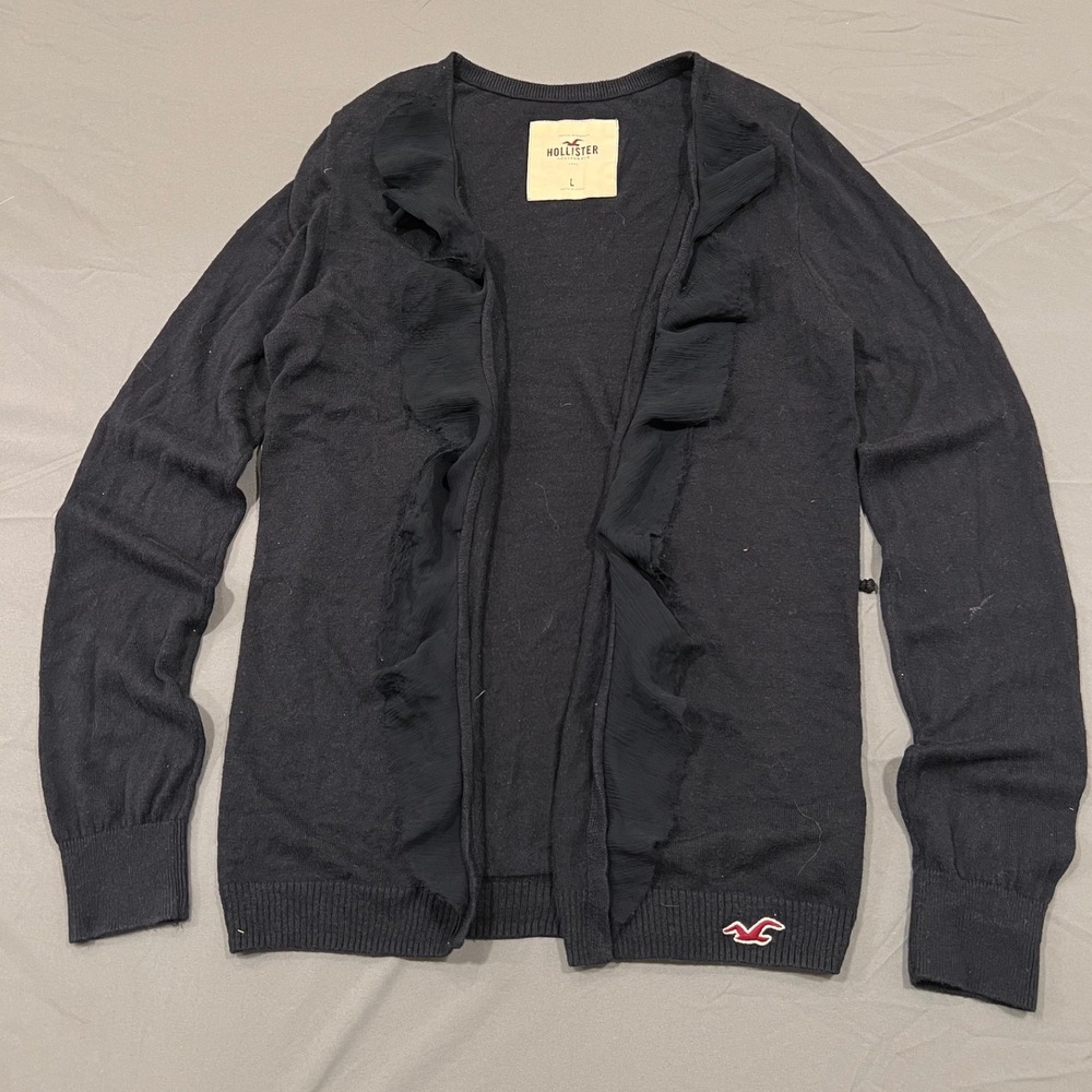 Hollister Navy Blue Ruffle Trim Open Front Cardigan Sweater Large Y2K Preppy